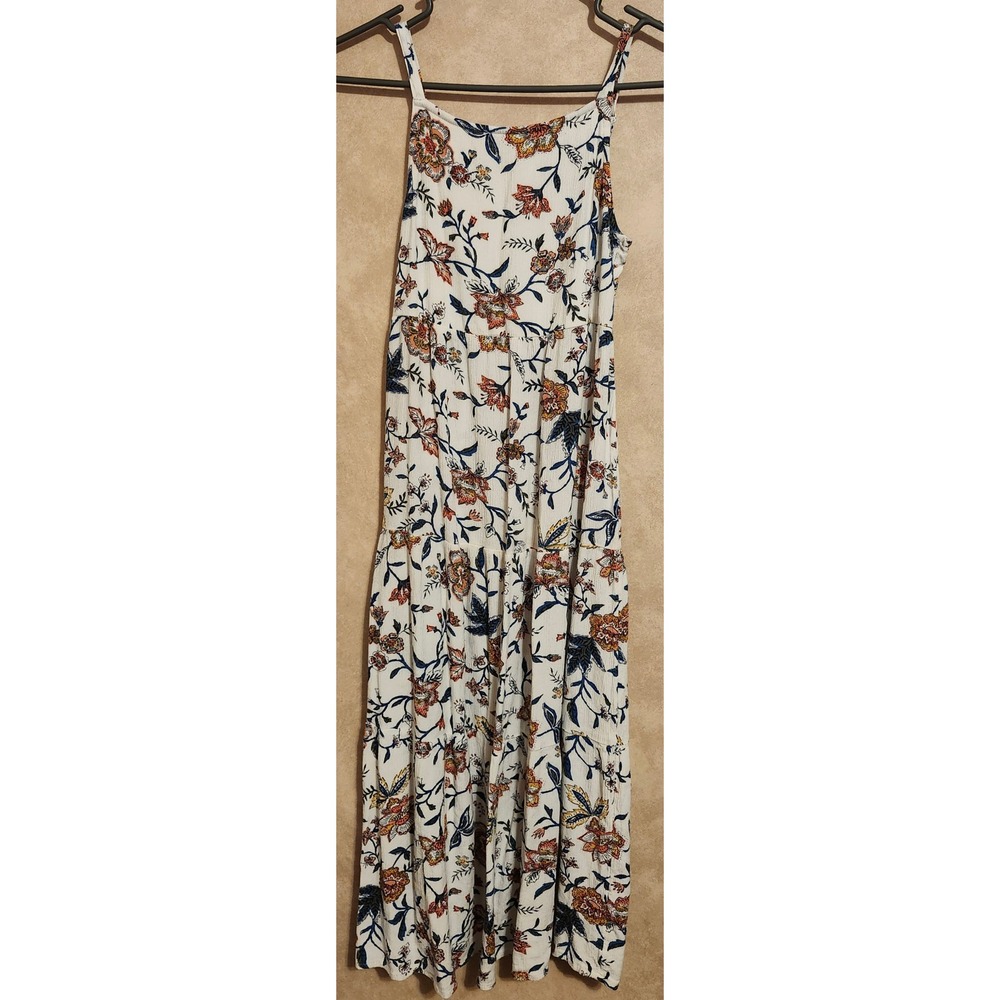 Old Navy Girls Floral Maxi Dress Cream Blue Orange Tiered Smocked Back L 10-12